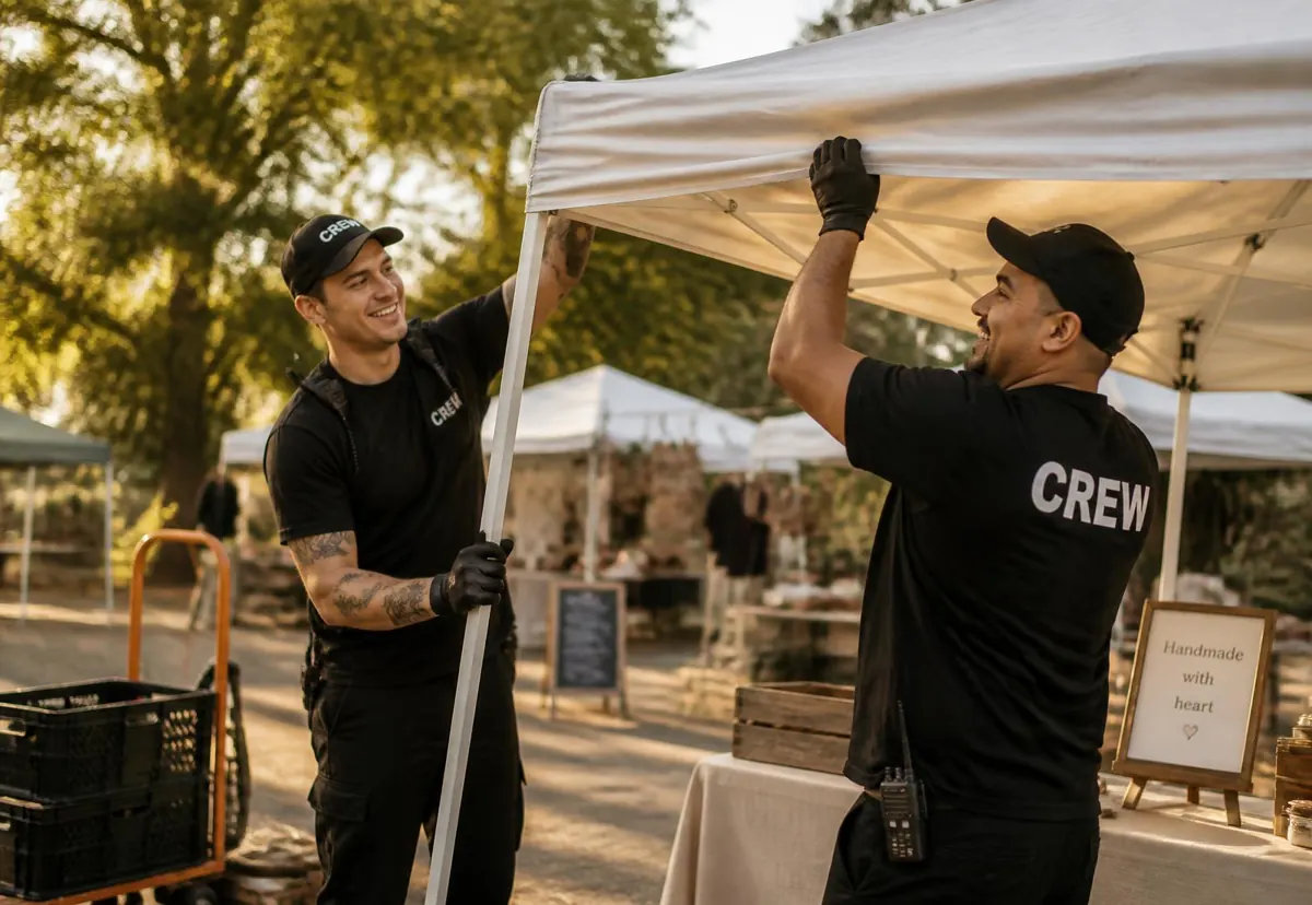 Vendors Valet crew raising a white pop-up tent for a market vendor